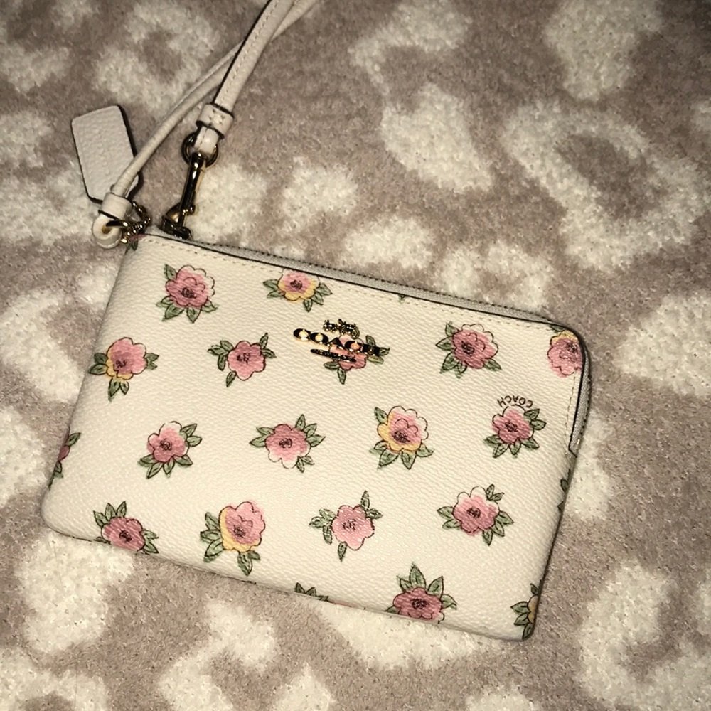 Coach floral corner zip small leather wristlet